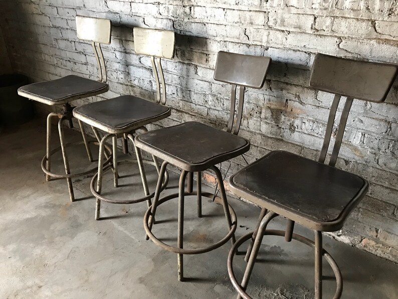 Set of 4 Industrial Inter Royal A-Frame Adjustable Stools with Backs Vintage Seating