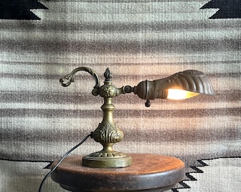 Antique Desktop Brass Study Lamp with Jadeite Shade