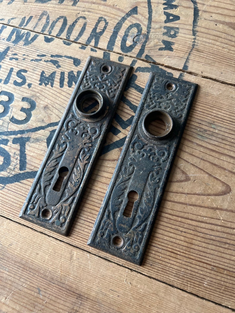 Pair of Pressed Door Plates Ornate Salvaged Hardware image 2