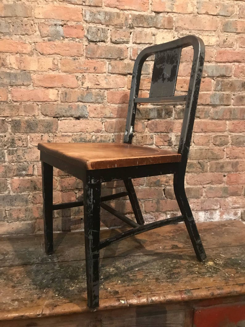 Vintage Industrial Office Chair Wood Seat Rustic Patina Image 0