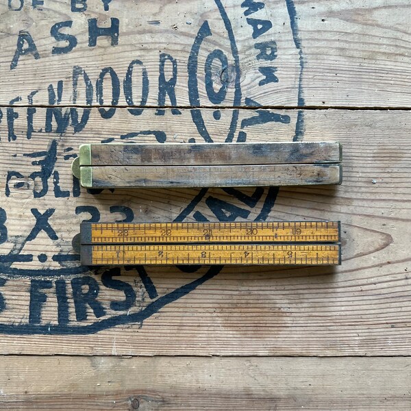 2 Antique Wood and Brass Folding Rulers H Chapin No 19 & Stanley