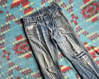 Vintage Thrashed 1970s Levi 652 Orange Tab Denim Jeans 29x27 Original Repairs