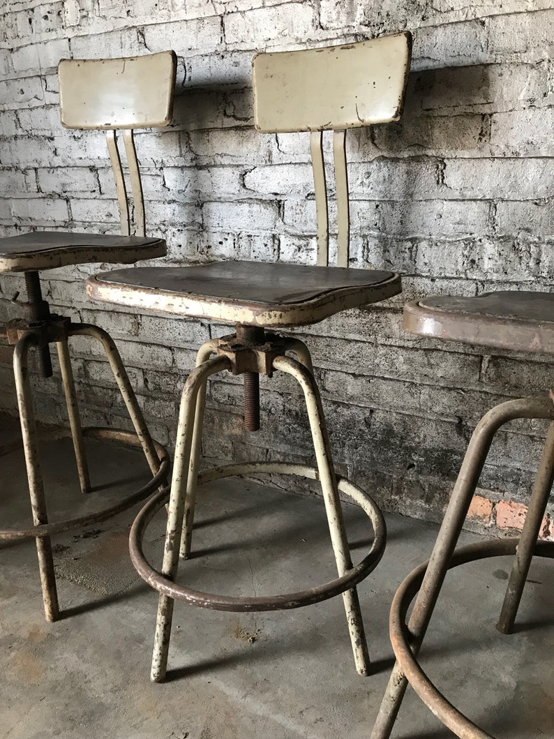 Set of 4 Industrial Inter Royal A-Frame Adjustable Stools with Backs Vintage Seating