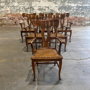 Set of 6 Antique Upholstered Oak Arm Chairs