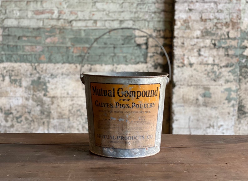 Vintage Mutual Compound Cattle Pigs Poultry Supplement Galvanized Bucket image 1