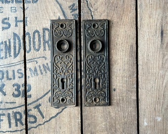 Pair of Cast Iron Door Plates Ornate Salvaged Hardware