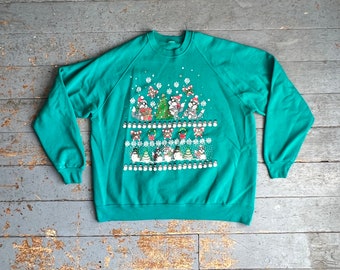 Vintage 1990s Animal Christmas Raglan Crewneck Sweatshirt