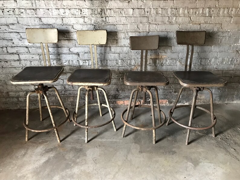 Set of 4 Industrial Inter Royal A-Frame Adjustable Stools with Backs Vintage Seating