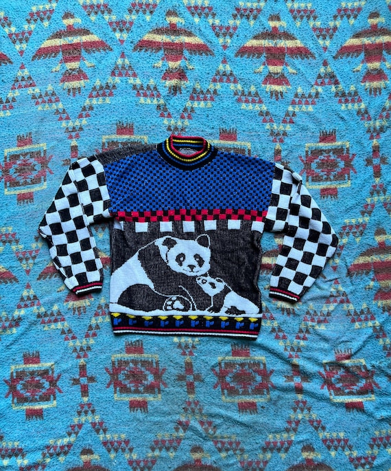 Vintage 1980s Geometric Panda Themed Sweater - image 1