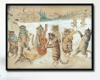 Cats Playing Music in the Snow by Louis Wain, Giclee Art Print, Cat Christmas Carol, Wall Art Poster, Cat Decor