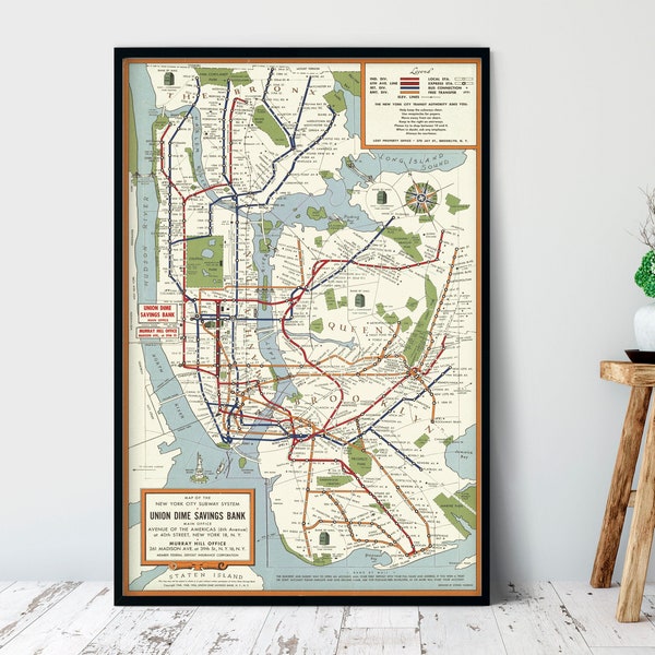 Vintage New York City Subway System Map 1954, Giclee Fine Art Reproduction Print, Collectible Poster, Old Map Historic Wall Decor