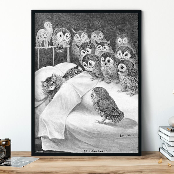 Cat's Nightmare by Louis Wain 1890, Vintage Giclee Art Print, Wall Art Kitty Cat Poster with Owls, Cat Decor