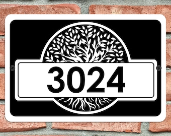 Tree Of Life Home Address Sign Custom Aluminum Metal 12" x 8" Personalized Modern House Number Plaque