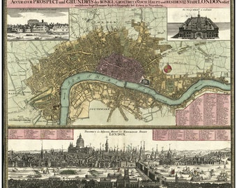 Vintage Map of London England, Fine Art Reproduction, 1740, Antique Cartography by John Baptiste Homann , German Language, Historical Print