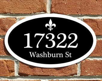 Custom Home Address Aluminum Oval With Fluer-De-Lis 12" x 7" Personalized House Number Plaque