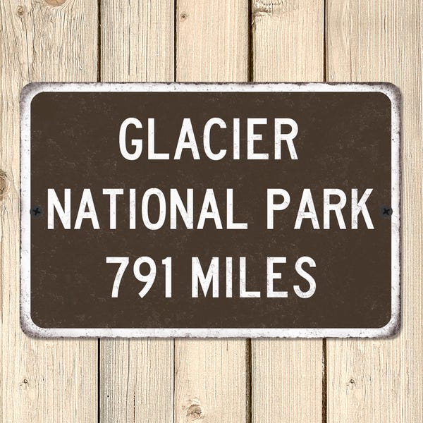 Placa de distância personalizada do Parque Nacional Glacier, placa de quilometragem de rodovia personalizada em metal do Montana