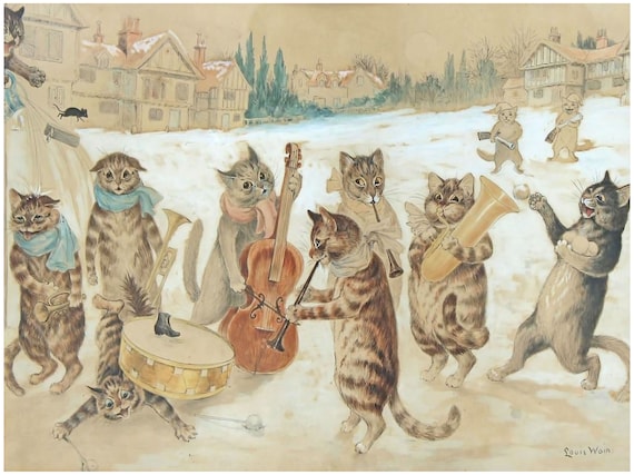 Cats Playing Music in the Snow by Louis Wain Giclee Art 