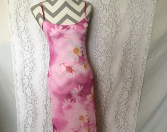 Vintage 90’s long pink floral spaghetti strap summer dress/90s maxi dress