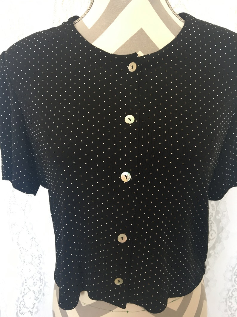 Vintage 90/'s black and white polka dot crop topRonni Nicole 80/'s90/'s blousevintage black shirtvintage blouseblack button down shirt