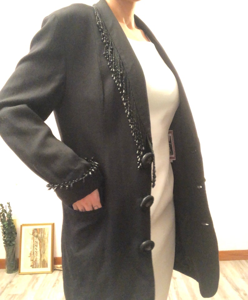 Vintage 80s beaded fringe black blazer largebaggy black blazerbeaded fringe coat