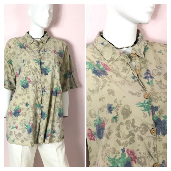 80s 90s Beige Blue Pink Baggy Long Floral XXL Button Down | Etsy
