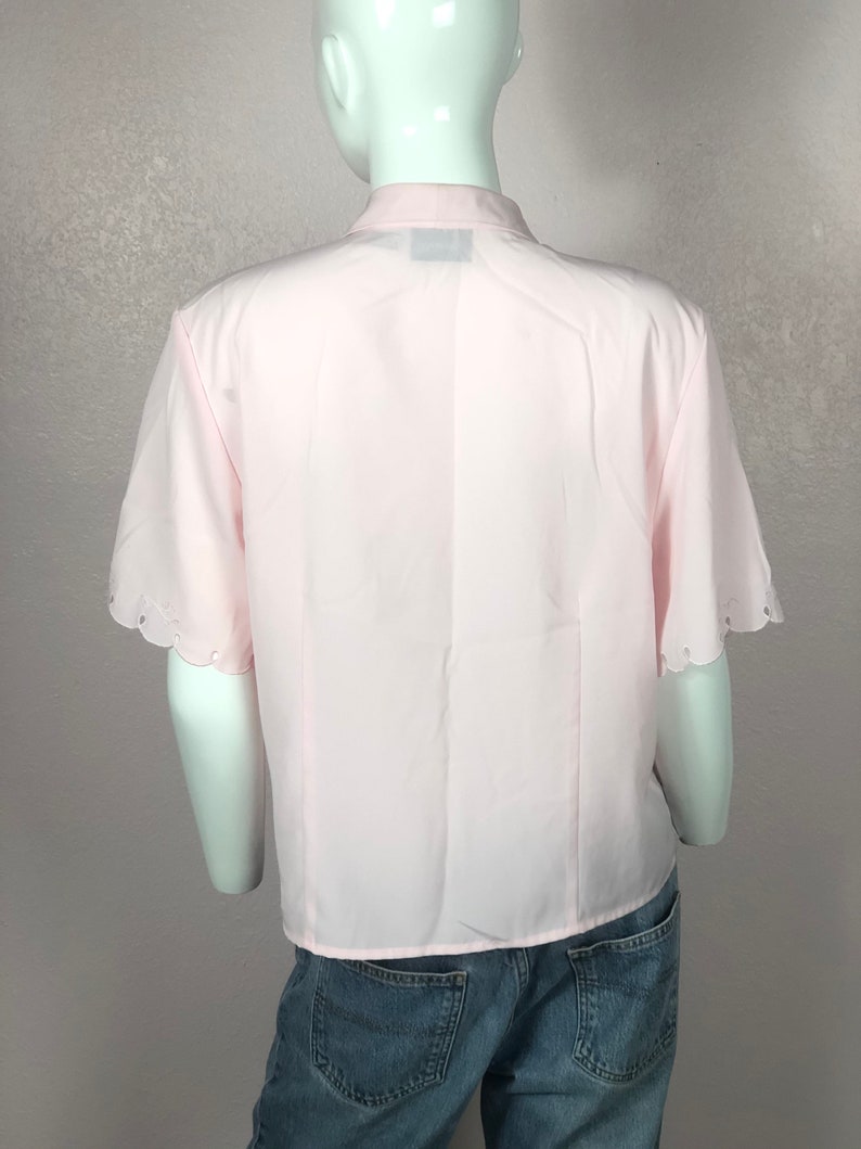 Vintage 80s large pink silky flowy floral embroidered button down short sleeve oxford blousepink preppy 80s shirt