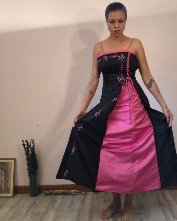 Vintage 90s Pink and Black Silky Dress 