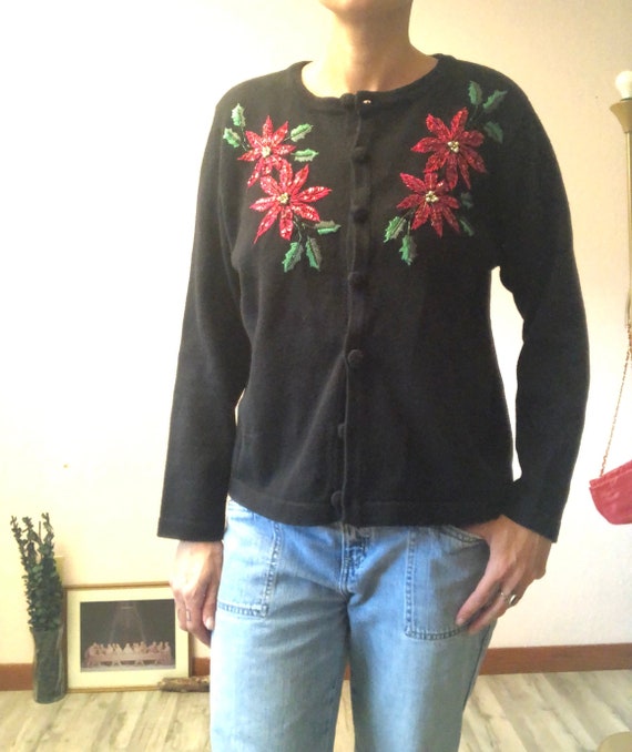 DaniEviAfter 90s Beaded Christmas sweater/90s Mistletoe Sweater/Black Christmas sweater/Christmas cardigan/90s Black Beaded cardigan/holiday Sweater