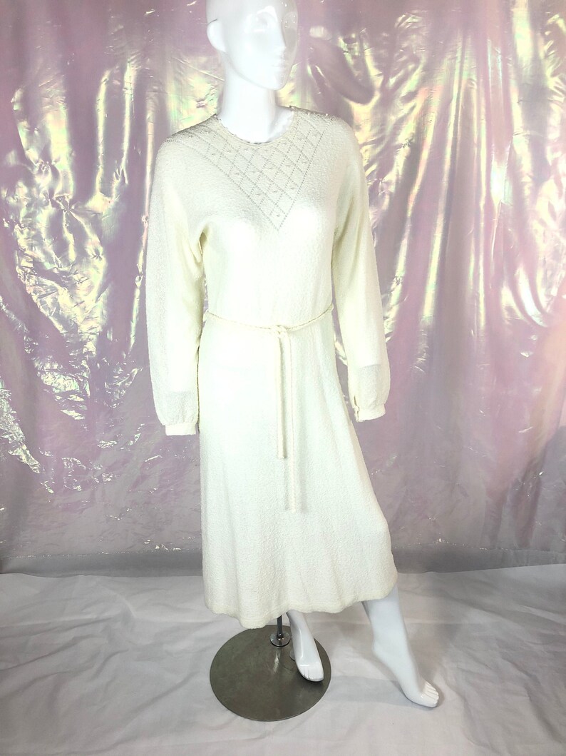 Vintage 70s white knit dressJust Mort dresslong white hippy dresslong sleeve white dresswhite pearl dress70s boho dressfestival dress