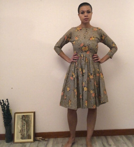 50s beige orange floral dress/brown vintage 50s dr