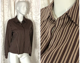 90s striped collared blouse Shirt with long sleeves Button Closure brown striped Top 38 BROWN striped satin sheer Velour Women's Blouse