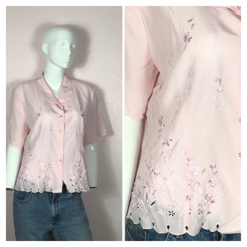 Vintage 80s large pink silky flowy floral embroidered button down short sleeve oxford blousepink preppy 80s shirt