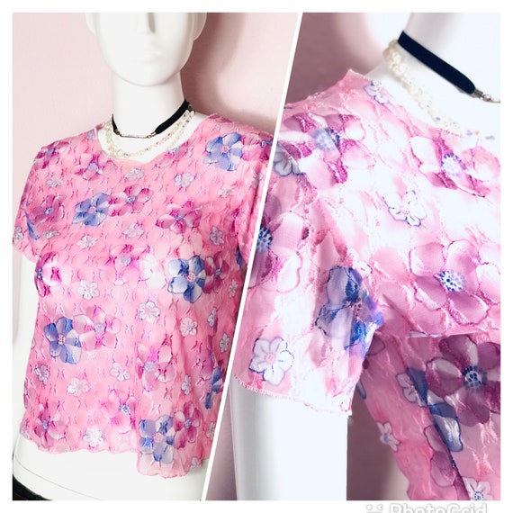 90s sheer pink top/vintage 90s floral top/sheer fl