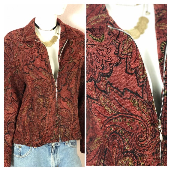 Vintage 90s maroon brick red fall paisley zip up s