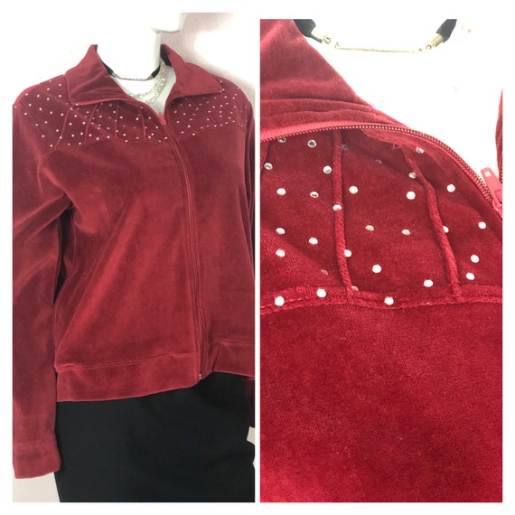 Vintage 80s 90s fuzzy red velour zip up rhinestone