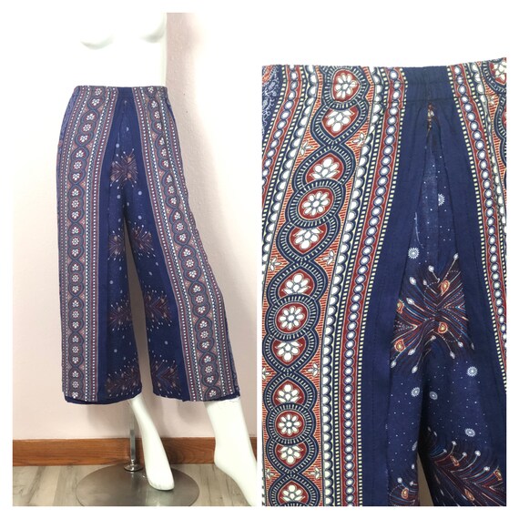 Vintage 80s Blue Floral Wide Leg Pants Cropped Paisley Boho | Etsy