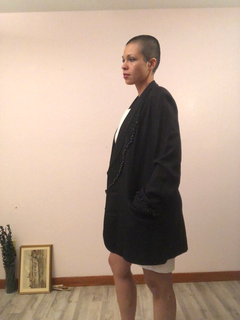 Vintage 80s beaded fringe black blazer largebaggy black blazerbeaded fringe coat