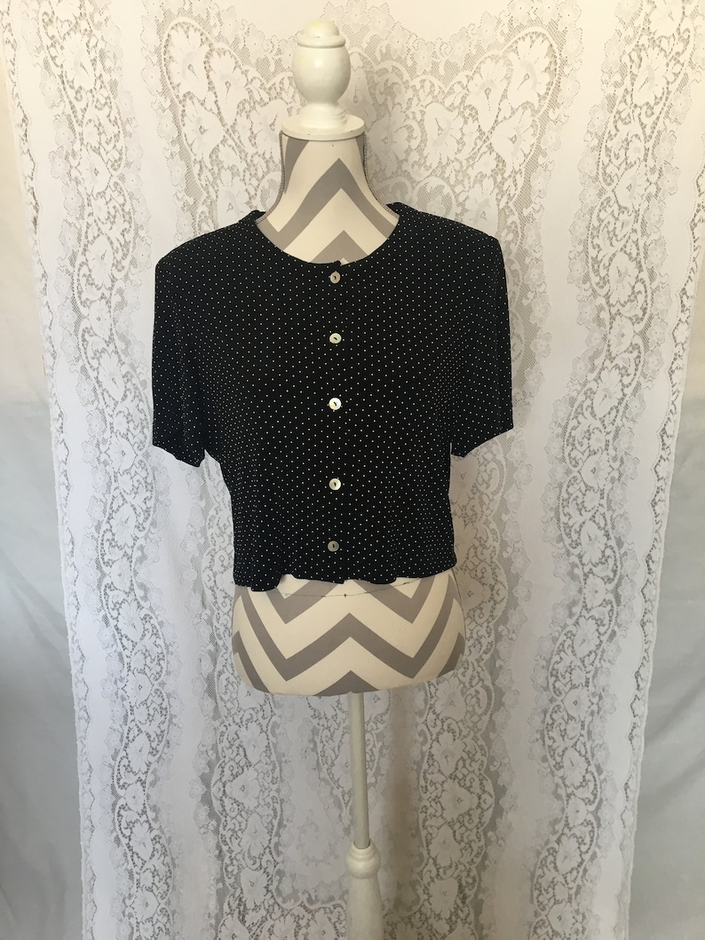 Vintage 90/'s black and white polka dot crop topRonni Nicole 80/'s90/'s blousevintage black shirtvintage blouseblack button down shirt