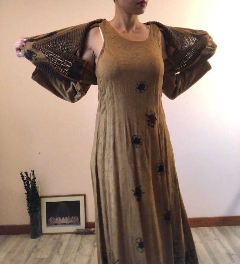 Vintage 90s long brown embroidered hippy dresslong brown boho dress
