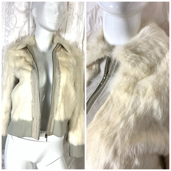 Vintage 90s White Rabbit Fur Beige Leather Short Jacket/ 90s White Cropped Coat/ White Fuzzy Cropped Jacket/ 90s White Fur Coat/