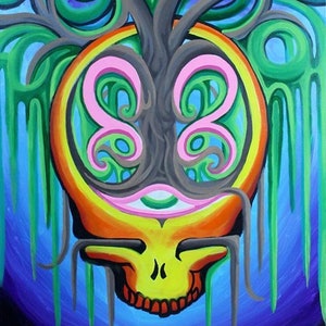 May include: A psychedelic painting of a skull with a tree growing out of the top of its head. The tree has green leaves and branches, and the skull is surrounded by a rainbow of colors.
