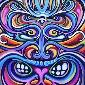 Puede incluir: Pintura abstracta con un diseño colorido y en espiral. La pintura presenta una variedad de colores, incluyendo azul, verde, amarillo, rojo y rosa. El diseño es intrincado y detallado, con una variedad de formas y patrones.