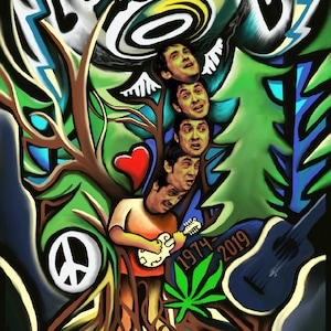 May include: A colourful, abstract painting of a tree with a peace sign, a marijuana leaf, and a guitar. The tree is made up of different faces, and the text "Jeff Austin 1974-2019" is written on the guitar. The painting is a tribute to Jeff Austin, a musician who passed away in 2019.