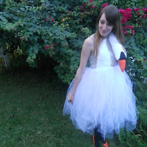 Pu&ograve; includere: Una donna che indossa un costume da cigno bianco con una gonna di tulle e un copricapo da cigno. &Egrave; in piedi davanti a un cespuglio verde con fiori rosa.