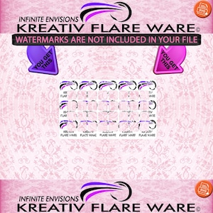 以下が含まれることがあります： 「INFINITE ENVISIONS KREATIV FLARE WARE」のテキストが入ったピンクと白の背景。画像には、「KR FLARE」、「E」、「TIV WARE」という単語が入った、さまざまな小さな正方形のデザインが含まれています。「WATERMARKS ARE NOT INCLUDED IN YOUR FILE」というテキストも表示されています。