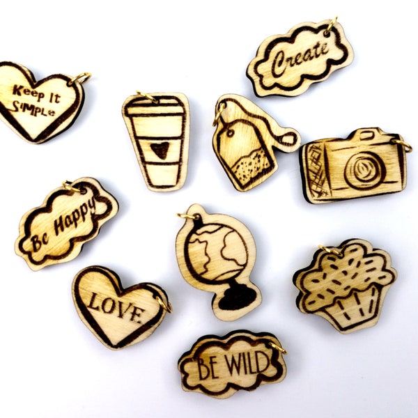 Kawaii wooden charms - choose from 10 different - wood Craft Supply Jewelry camera coffee