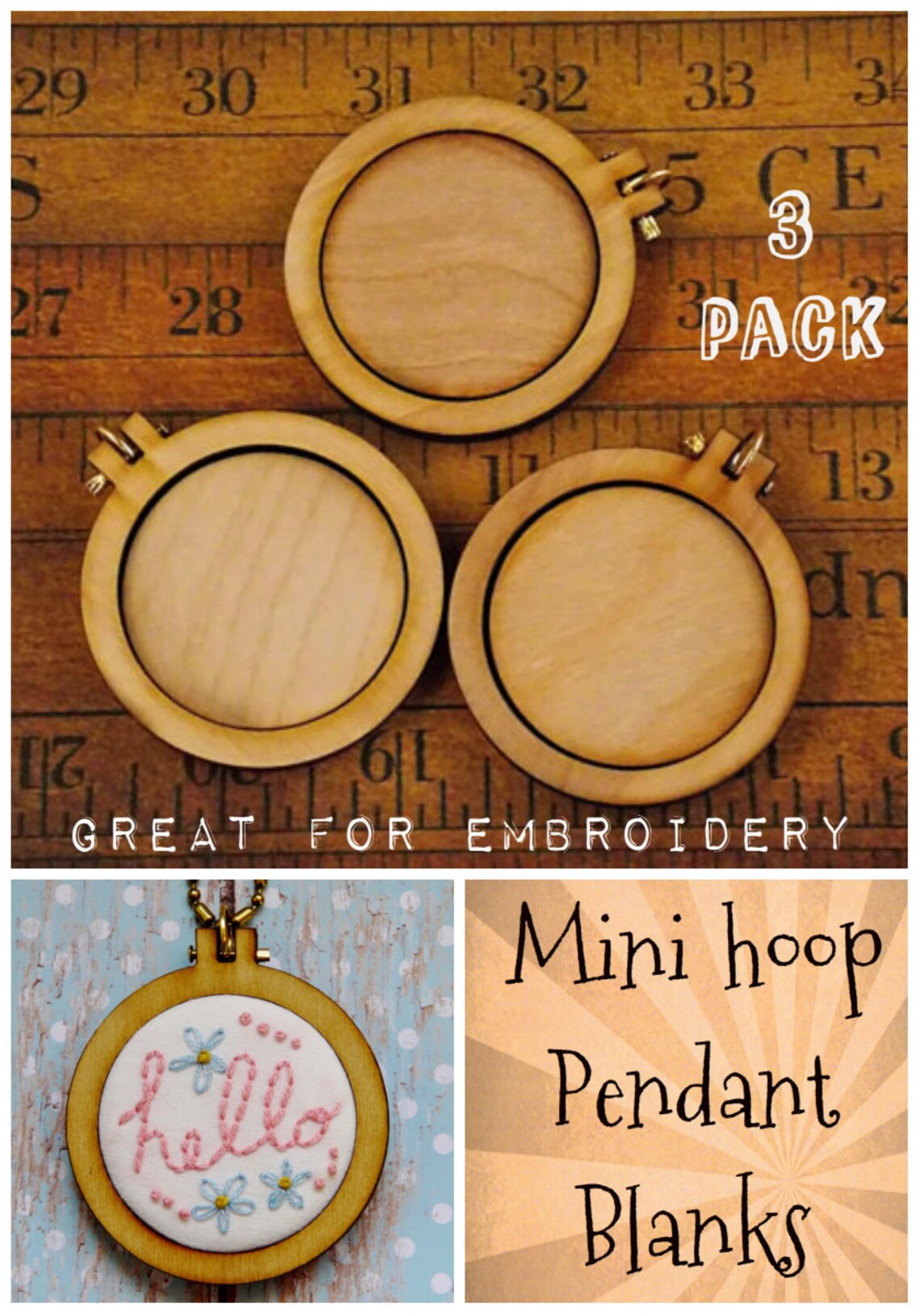 3 Mini Hoop Pendant Embroidery Blanks Wood Frame Necklace Etsy