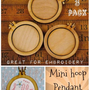 3 Mini Hoop Pendant Embroidery Blanks - wood Frame Necklace Craft Supply Jewelry