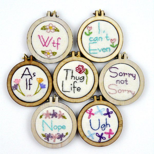 Funny Mini hoop embroidery Pattern pdf - 12 designs pendant stitchery me too meh thug life not today satan fun hip