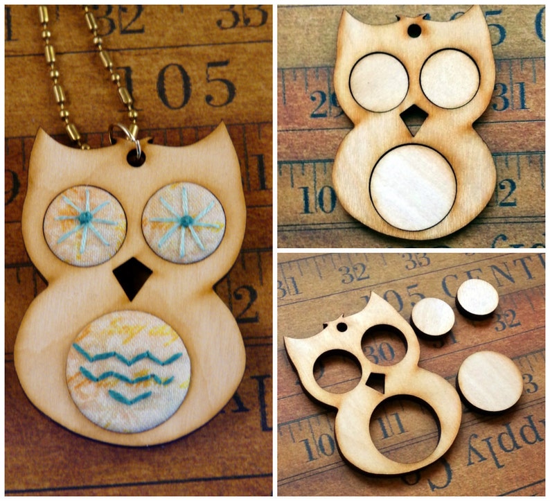 Wood OWL Pendant Embroidery Blank Necklace Craft Supply Jewelry fabric image 1